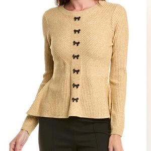 Nanette Lepore Ribbed Peplum Sweater Tan Metal Bow Buttons Size XL (Fits L-XL)